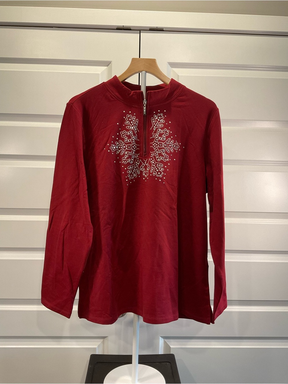Women’s Red Long-Sleeve Mock Neck Top with Snowflake Accent